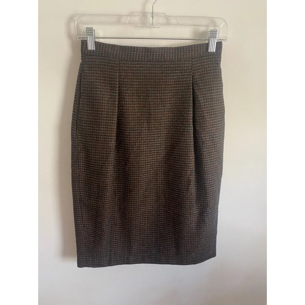 Nanci Jennifer Vintage Pencil Skirt Brown Teal Blue Plaid High Waist Pockets 25w